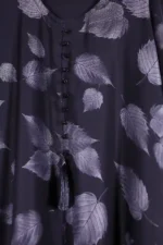 Charcoal Leaf-Print Abaya with Tassel Accent