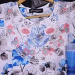 Blue & White Floral Print Dress with Embroidered Neckline