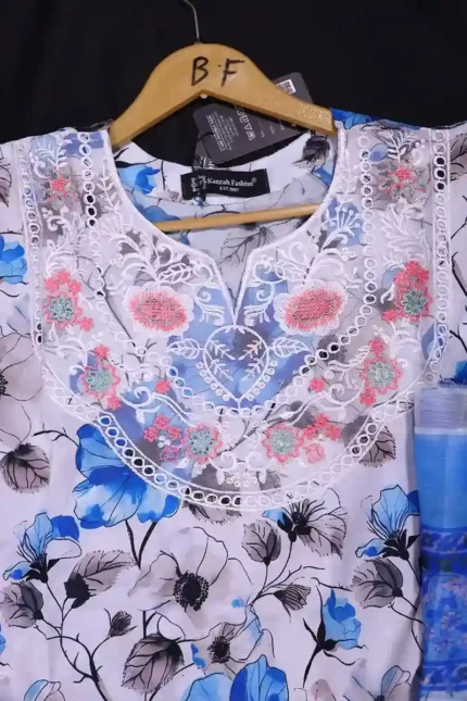 Blue & White Floral Print Dress with Embroidered Neckline