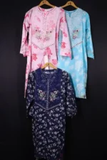 Floral Printed & Embroidered Neckline Dress Trio