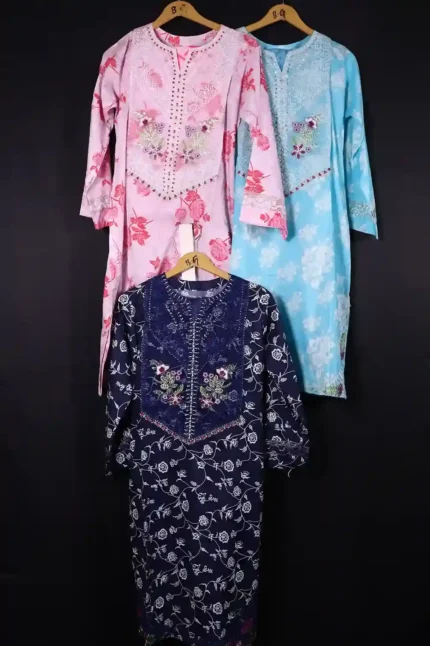Floral Printed & Embroidered Neckline Dress Trio